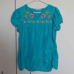 CALYPSO ST. BARTH Embroidered Turquoise Silk Top